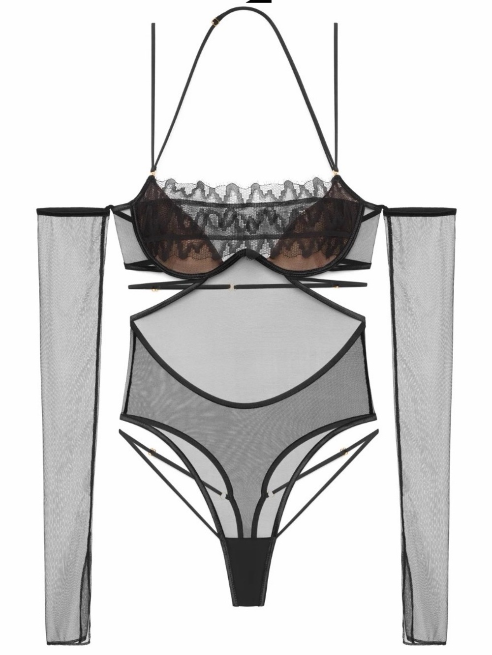 Sheer Black Lace Underwire Chemise with Removable Sleeves